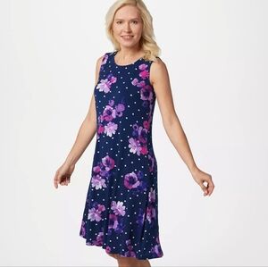 Susan Graver Blue Purple Floral Polka Dot Swing Dress Pockets Small